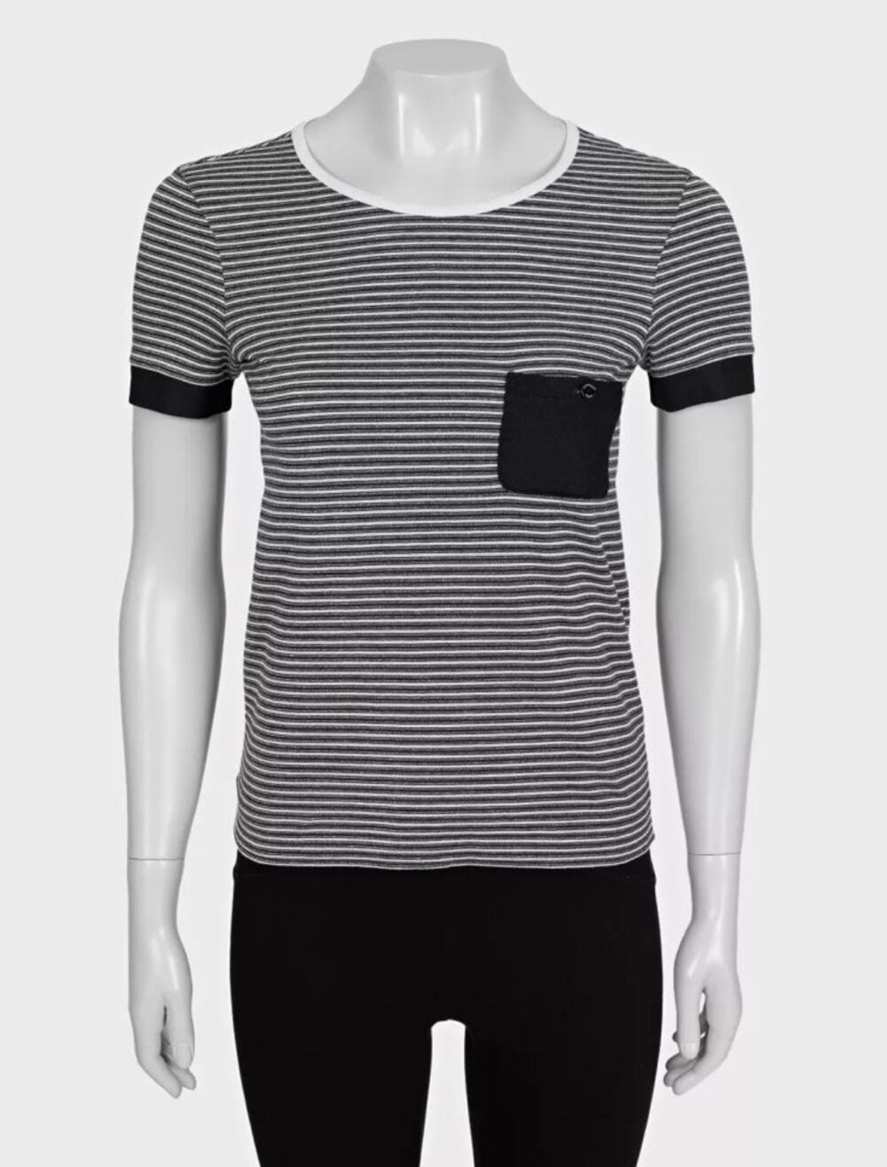 Chanel 2015 Black White Striped Fitted T-Shirt FR 34 XS